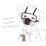  anthro canid canine canis changed_(video_game) chano clipboard clothing coat dialogue disgust dr._k_(changed) fur gas_mask holding_object lab_coat male mammal mask red_eyes simple_background solo topwear white_background white_body white_fur wolf 