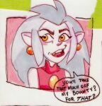 2021 blush bust_portrait dialogue disney eda_(the_owl_house) elf english_text female grey_hair hair humanoid humanoid_pointy_ears luskelow mature_female not_furry portrait solo speech_bubble text the_owl_house traditional_media_(artwork) yellow_eyes 
