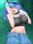  1girl :d bangs black_bra blue_eyes blue_hair blue_shirt blush bottle bra breasts buta_(uhoiiotoko) cleavage clothes_around_waist commentary_request cowboy_shot eyebrows_visible_through_hair fang flat_cap green_headwear hair_between_eyes hair_bobbles hair_ornament hat holding holding_bottle kawashiro_nitori large_breasts looking_at_viewer medium_hair navel one_eye_closed open_mouth shiny shiny_hair shiny_skin shirt shirt_around_waist short_twintails sidelocks skin_fang smile solo tongue touhou towel twintails two_side_up underwear water_bottle white_towel 