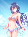  1girl :d absurdres bangs bare_shoulders bikini blue_hair blue_sky blush breasts cloud collarbone day hair_between_eyes head_tilt highres long_hair looking_at_viewer love_live! love_live!_school_idol_project navel ocean open_mouth outdoors side-tie_bikini sky small_breasts smile solo sonoda_umi striped striped_bikini sunlight swept_bangs swimsuit swimwear tanaka212 water_drop yellow_eyes 