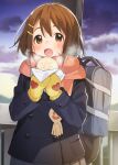  1girl bag bangs blue_jacket blush booota brown_eyes brown_hair cloud commentary_request food grey_skirt hair_ornament hairclip hands_up highres hirasawa_yui holding jacket k-on! long_sleeves mittens open_mouth outdoors pleated_skirt scarf school_bag short_hair signature skirt smile solo standing 