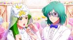  1boy 1girl aqua_hair blush bow bowtie bridal_veil bride cake choujikuu_yousai_macross couple dress feeding food formal game_cg glasses green_hair groom hetero holding holding_spoon jewelry lipstick long_hair macross makeup maximilian_jenius meltrandi millia_jenius official_art open_mouth ring smile spoon tuxedo uta_macross_sumaho_deculture veil wedding_band wedding_dress 