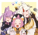  animal_ear_fluff animal_ears bare_shoulders black_gloves blush cat_ears cat_girl cat_tail chinese_clothes diona_(genshin_impact) genshin_impact gloves hair_cones hair_ornament hairpin hinagi_(fox_priest) kemonomimi_mode keqing_(genshin_impact) long_hair ningguang_(genshin_impact) open_mouth paw_pose paw_print pink_hair purple_eyes purple_hair red_eyes short_hair smile tail twintails white_hair 