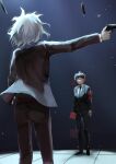  absurdres bangs black_jacket black_neckwear black_pants closed_mouth commentary_request feet_out_of_frame formal from_behind full_body grey_hair gun hand_up highres hinata_hajime hodling holding holding_gun holding_weapon jacket kabedan_(yasai_oisidaro) long_sleeves looking_at_another male_focus multiple_boys necktie pants red_eyes shirt short_hair standing super_danganronpa_2.5_komaeda_nagito_to_sekai_no_hakaimono tile_floor tiles weapon 