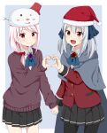  2girls absurdres christmas cierra_runis eyebrows_visible_through_hair gem hair_between_eyes hair_ribbon hat highres jacket jewelry long_hair looking_at_viewer medium_hair mia_runis multiple_girls open_mouth overidea pink_hair red_eyes ribbon ryucchi santa_hat school_uniform shirt simple_background skirt smile twintails virtual_youtuber white_shirt 