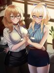  2girls absurdres bare_arms bare_shoulders blonde_hair blue_eyes blush bow breast_press breasts brown_hair button_gap casual choker coffee_mug collared_shirt cowboy_shot cup flower_pot genshin_impact glasses green_eyes hair_bow highres holding_hands id_card indoors interlocked_fingers jean_gunnhildr_(genshin_impact) large_breasts lisa_(genshin_impact) mug multiple_girls office_lady paper pencil_skirt ponytail shirt side_ponytail skirt sleeveless sleeveless_shirt ssb_(nit8921) standing thighhighs 
