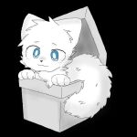  3_fingers anthro black_background blue_eyes blush canid canine canis changed_(video_game) fingers fur in_box in_container lin_(changed) male mammal no.90 simple_background solo white_body white_fur wolf 