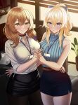  2girls absurdres bare_arms bare_shoulders blonde_hair blue_eyes blush bow breast_press breasts brown_hair button_gap casual choker coffee_mug collared_shirt cowboy_shot cup flower_pot genshin_impact glasses green_eyes hair_bow highres holding_hands id_card indoors interlocked_fingers jean_gunnhildr_(genshin_impact) large_breasts lisa_(genshin_impact) mug multiple_girls office_lady paper pencil_skirt ponytail shirt side_ponytail skirt sleeveless sleeveless_shirt ssb_(nit8921) standing thighhighs 