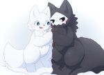  6_ni ambiguous_gender anthro black_body black_fur blue_eyes blush canid canine canis changed_(video_game) duo fist_bump fur gesture hi_res lin_(changed) male mammal mask open_mouth puro_(changed) simple_background wet white_background white_body white_eyes white_fur wolf 