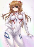  1girl blue_eyes bodysuit breasts cowboy_shot evangelion:_3.0+1.0_thrice_upon_a_time eyepatch highres interface_headset long_hair neon_genesis_evangelion orange_hair pilot_suit plugsuit r-binon rebuild_of_evangelion shikinami_asuka_langley skin_tight small_breasts solo souryuu_asuka_langley standing two_side_up white_bodysuit 