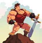  1boy bara barbarian bare_arms brown_footwear brown_hair bulge dave_(dave_the_barbarian) dave_the_barbarian from_side frown full_body fur_trim gem green_background hairband headband holding looking_at_viewer lula_(dave_the_barbarian) male_focus medium_hair muscular muscular_male red_hairband rope solo standing stone sword unsheathed weapon white_background xelgot 