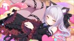  bed blush catgirl goth-loli gray_hair hololive lolita_fashion long_hair murasaki_shion pantyhose sasakura_momizi tail twintails 