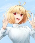 1girl :d absurdres anianiani0607 antenna_hair arcueid_brunestud bangs blonde_hair breasts day double_w eyebrows_visible_through_hair hands_up highres huge_filesize jewelry looking_at_viewer necklace open_mouth outdoors red_eyes short_hair smile solo sweater tsukihime turtleneck turtleneck_sweater upper_body w white_sweater 