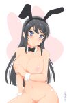  1girl absurdres animal_ears animal_print areola_slip areolae artist_request bangs bare_shoulders black_hair blue_eyes blush bow bowtie breasts bunny_ears bunny_hair_ornament bunny_print closed_mouth collar collarbone completely_nude covering covering_breasts eyebrows_visible_through_hair hair_ornament hairclip hand_on_own_chest highres large_breasts long_hair looking_at_viewer navel nipples no_pussy nude sakurajima_mai seishun_buta_yarou shiny shiny_skin signature simple_background solo thighs white_background white_collar wrist_cuffs 
