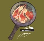  bone brown_background food food_focus frying_pan highres meat momiji_mao no_humans original ribs_(food) signature simple_background sparkle still_life translation_request 
