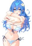  1girl :d bikini blue_bikini blue_eyes blue_hair breasts cleavage commentary_request cowboy_shot cu-no flower frilled_bikini frills front-tie_bikini front-tie_top groin hair_flower hair_ornament hisen_kaede kohitsuji_ai large_breasts long_hair long_sleeves looking_at_viewer multi-strapped_bikini navel open_mouth shirt side-tie_bikini sidelocks simple_background smile solo stomach string_bikini swimsuit thighs undressing white_background white_shirt 