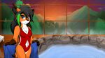  anthro canid canine female fox hi_res hot_spring jknewlife mammal mountain sky solo water window 
