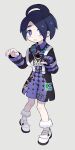  1boy absurdres ahoge allister_(pokemon) black_hair bright_pupils collared_shirt commentary_request full_body gloves gym_leader hands_up highres himawari_(kawaisounaedesu) knees long_sleeves male_focus number partially_fingerless_gloves pigeon-toed pokemon pokemon_(game) pokemon_swsh purple_eyes shirt shoes short_hair shorts single_glove solo standing suspender_shorts suspenders sweatdrop white_footwear 