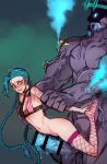  1boy 1girl arm_tattoo bar_censor bare_shoulders biting blue_hair blush bullet censored colored_skin corruption crown cum dr._mundo dripping ear_blush fishnet_legwear fishnets glowing glowing_eyes highres jinx_(league_of_legends) large_penis league_of_legends lip_biting long_hair mr._skull muscular muscular_male navel no_shoes open_mouth penis purple_eyes purple_skin saliva shaded_face size_difference steam sweat tattoo teeth tongue trembling twintails upper_teeth veins very_long_hair 