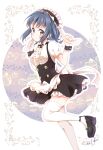  1girl absurdres animal_ears blue_hair blush breasts brown_eyes bunny_ears cosplay eyebrows_visible_through_hair fake_animal_ears fleur_de_lapin_uniform frills furutani_himawari gochuumon_wa_usagi_desu_ka? headdress highres looking_at_viewer maid_headdress mearian medium_breasts open_mouth shiny shiny_hair short_hair solo standing standing_on_one_leg thighhighs white_legwear yuru_yuri 