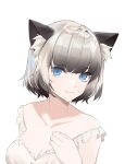  12424_24 1girl absurdres animal_ear_fluff animal_ears bangs bare_shoulders breasts cat_ears cat_girl collarbone commission dress english_commentary eyebrows_visible_through_hair from_above highres indie_virtual_youtuber looking_at_viewer looking_up medium_breasts nanasae_(vtuber) second-party_source smile solo virtual_youtuber white_background white_dress 