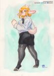  2020 absurd_res anthro biped blonde_hair bottomwear bovid bow_tie braests caprine clothing dress_shirt female goat hair hi_res hooves horn legwear looking_back mammal murazaki painting_(artwork) pencil_skirt rear_view shirt simple_background skirt smile solo stockings topwear traditional_media_(artwork) twintails_(hairstyle) watercolor_(artwork) weapon 