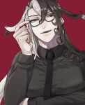  1boy adjusting_eyewear akamarutm ashiya_douman_(fate) asymmetrical_hair bell black-framed_eyewear black_eyes black_hair black_neckwear collared_shirt curly_hair earrings eyeshadow fangs fate/grand_order fate_(series) fingernails green_eyeshadow green_lips green_nails hair_bell hair_between_eyes hair_intakes hair_ornament highres jewelry long_hair looking_to_the_side magatama magatama_earrings makeup male_focus multicolored_hair necktie pectorals red_background sharp_fingernails shirt smirk solo toned toned_male two-tone_hair very_long_fingernails very_long_hair white_hair 