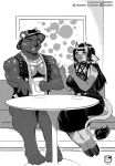  2020 absurd_res anthro bangs beverage biped bovid bovine cattle clothing dress duo eyes_closed female fur greyscale hair hate hi_res holding_beverage holding_object hooves horn inside jewelry male mammal monochrome murazaki muscular muscular_anthro muscular_male necklace open_mouth paws sitting smile topwear ursid vest 
