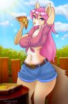  anthro belt bottomwear breasts canid canine cheese cleavage clothed clothing cloud countershade_face countershade_torso countershading cowgirl_outfit cutoffs dairy_products denim denim_clothing digital_media_(artwork) eyelashes female fence food fruit fungus fur hair hand_behind_head holding_food holding_object holding_pizza long_hair looking_at_viewer mammal mrincred mushroom outside pink_eyes pink_hair pizza plant portrait shirt shorts signature sky solo standing tan_body tan_fur three-quarter_portrait tied_shirt tomato topwear 