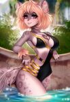  adorableinall anthro arm_tuft aster_(a1again) black_clothing black_one-piece_swimsuit black_swimwear blonde_hair breasts cleavage clothed clothing digital_media_(artwork) eyelashes felid feline female gold_one-piece_swimsuit gold_swimwear hair hi_res leaf leaning_on_wall lips looking_at_viewer mammal multicolored_clothing multicolored_swimwear one-piece_swimsuit partially_submerged pink_inner_ear pink_nose portrait shaded short_hair solo swimming_pool swimwear three-quarter_portrait tuft two_tone_clothing two_tone_one-piece_swimsuit two_tone_swimwear water white_inner_ear_fluff wrist_tuft 
