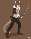  2021 5_fingers anthro blue_eyes brown_hair charmrage cougar digital_media_(artwork) eyebrows eyelashes felid feline fingers hair hi_res holding_object holding_sword holding_weapon male mammal melee_weapon open_mouth plantigrade smile solo sword teeth tongue weapon 