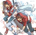  1girl 2boys :o aa-2153 ac-1677 ahoge banchii baseball_cap black_gloves blue_eyes breasts brown_eyes brown_hair cabbie_hat canister carrying_under_arm cleavage closed_eyes glasses gloves hair_over_one_eye hat hataraku_saibou hataraku_saibou_black highres jacket large_breasts long_hair multiple_boys no_bra open_mouth red_footwear red_headwear red_jacket running shirt short_hair silver_hair simple_background sweat twitter_username u-1196 white_background white_gloves white_shirt 