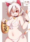  1girl ;3 absurdres animal_ears bell bikini breasts cat_ears cat_tail choker dior-zi eyebrows_visible_through_hair fang front-tie_bikini front-tie_top gold highres koban_(gold) maneki-neko medium_breasts medium_hair multicolored_hair navel neck_bell one_eye_closed orange_eyes swimsuit tail touhou unconnected_marketeers unnamed_cat_girl_(touhou) white_bikini wristband 