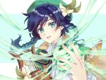  1boy androgynous bangs beret blue_hair bow braid brooch cape collared_cape collared_shirt eyebrows_visible_through_hair flower frilled_sleeves frills gem genshin_impact gradient_hair green_eyes green_headwear hat hat_flower holding holding_instrument hotoritan instrument jewelry leaf looking_at_viewer lyre male_focus multicolored_hair open_mouth shirt short_hair_with_long_locks simple_background smile solo twin_braids venti_(genshin_impact) white_flower white_shirt wind 