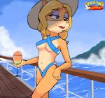  2020 absurd_res activision anthro bandicoot beauty_mark beverage bikini black_nose blonde_hair blue_eyes boardwalk breasts clothed clothing crash_bandicoot_(series) detailed_background eyeshadow female hair half-closed_eyes hat headgear headwear hi_res holding_beverage holding_glass holding_object isabella_bandicoot leaning lipstick long_hair makeup mammal marsupial midriff narrowed_eyes navel outside railing sin-buttons_(artist) skimpy sky smile solo sun_hat swimwear under_boob video_games water 