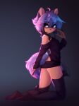  anthro bare_shoulders black_clothing black_legwear black_stockings blue_hair blue_tail brand_new_animal butt_pose canid canine clothing fardros fur grey_background hair hi_res kneeling legwear looking_back male mammal michiru_kagemori multicolored_eyes orange_body orange_fur pose raccoon_dog raised_hand short_hair simple_background smile solo stockings studio_trigger tanuki 