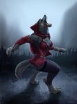  anthro blacktigerr blue_eyes butt butt_pose canid canine canis clothing cloud female fog forest forest_background fur grass grey_body grey_fur hi_res mammal nature nature_background night nipple_outline plant pose roaring solo tree were werecanid werecanine werewolf wolf 