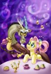  2019 absurd_res beverage candle chimera coffee cup discord_(mlp) duo equid equine eye_contact feathered_wings feathers female fire fluttershy_(mlp) food friendship_is_magic hair hi_res horn looking_at_another male mammal my_little_pony pegasus pink_hair rubtox signature smile wings 