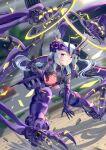  1girl absurdres armor armored_boots bangs black_legwear blurry blurry_background bodysuit boots breasts car commentary_request crop_top extra_arms faulds full_body gauntlets ground_vehicle hair_between_eyes headgear highres holding holding_weapon long_hair looking_at_viewer mecha_musume mechanical_arms midriff morisaki_jiro motor_vehicle navel original outdoors parted_lips purple_armor purple_bodysuit purple_eyes road shadow shoulder_armor sidelocks silver_hair skull small_breasts solo street tassel thighhighs twintails weapon 