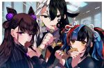  1boy 2girls amethyst_(gemstone) androgynous ashiya_douman_(fate) asymmetrical_hair bell black_eyes black_hair black_sailor_collar brown_hair collar cookie curly_hair dango earrings eating fang fate/grand_order fate_(series) food frilled_collar frills gatona39 hair_bell hair_between_eyes hair_cones hair_intakes hair_ornament hair_up highres hime_cut holding holding_food jewelry jitome long_hair long_sleeves magatama magatama_earrings multicolored multicolored_hair multicolored_nails multiple_girls murasaki_shikibu_(fate) puff_and_slash_sleeves puffy_sleeves purple_collar purple_eyes ribbon sailor_collar sei_shounagon_(fate) skin_fang stick twintails two-tone_hair very_long_hair wagashi white_hair white_ribbon yellow_eyes 