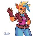 2020 5_fingers absurd_res activision anthro belt blue_eyes breasts clothing crash_bandicoot_(series) ear_piercing ear_ring female fingerless_gloves fingers gloves hair handwear hi_res mammal marsupial multicolored_hair piercing pirate_tawna rubtox signature simple_background smile solo tawna_bandicoot video_games 