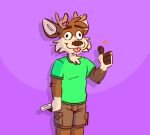  anthro antlers bottomwear brown_body brown_fur cargo_shorts cervid clothing darwin_(tinydeerguy) english_text fur gesture green_clothing green_shirt green_topwear hi_res horn khaki_shorts male mammal paper purple_background shirt shorts simple_background smile solo sparkles t-shoty tan_body tan_fur text thumbs_up tinydeerguy tongue tongue_out topwear 