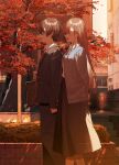  1boy 1girl absurdres autumn autumn_leaves bag blue_eyes breasts brown_hair closed_eyes collared_shirt commentary fuuna_(conclusion) highres holding holding_bag long_hair long_skirt necktie original outdoors profile shirt skirt small_breasts translucent tree walking |d 