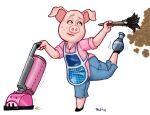  2017 anthro apron bottomwear cleaning_tool clothing domestic_pig female green_eyes holding_object illumination_entertainment lipstick makeup mammal pants rosita_(sing) rubtox shirt signature simple_background sing_(movie) solo suid suina sus_(pig) topwear vacuum_cleaner 