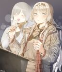  2girls ak-12_(girls_frontline) alternate_costume an-94_(girls_frontline) blonde_hair blush closed_eyes cup eating girls_frontline hairband holding holding_cup hyury jacket long_hair long_sleeves multiple_girls open_mouth silver_hair 