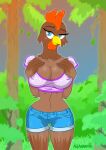  absurd_res allannocte anthro avian bird blush breasts chicken cleavage clothed clothing female forest galliform gallus_(genus) hi_res phasianid plant shrub solo tree 