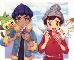 2boys :d bangs beanie berry_(pokemon) black_shirt blue_jacket blush brown_eyes brown_hair cable_knit closed_mouth commentary_request dark_skin dark_skinned_male frown fur-trimmed_jacket fur_trim gen_8_pokemon grey_headwear grookey hands_up hat holding holding_knife hop_(pokemon) jacket knife male_focus multiple_boys on_shoulder open_mouth pokemon pokemon_(creature) pokemon_(game) pokemon_on_shoulder pokemon_swsh purple_hair red_shirt scorbunny shirt short_hair sleeves_rolled_up smile starter_pokemon sweatdrop swept_bangs tongue victor_(pokemon) yamunashi 