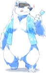  2021 anthro biped black_nose clothed clothing food fur hi_res kemono kisukemk777 male mammal open_clothing open_shirt open_topwear polar_bear popsicle shirt simple_background solo tongue tongue_out topwear ursid ursine visor white_background white_body white_fur 