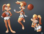  3_toes absurd_res alargewoodenbadger anthro barefoot basketball blonde_hair blue_eyes buckteeth clothing crop_top feet female fur hair hi_res lagomorph leporid lola_bunny looney_tunes mammal plantigrade rabbit shirt simple_background smile solo space_jam tan_body tan_fur teeth toes topwear warner_brothers 