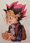  1boy backpack bag belt black_hair blonde_hair blue_jacket collared_shirt hungry_clicker jacket male_focus millennium_puzzle multicolored_hair mutou_yuugi open_mouth pink_hair shirt solo upper_body white_shirt yu-gi-oh! yu-gi-oh!_(toei) yu-gi-oh!_duel_monsters 